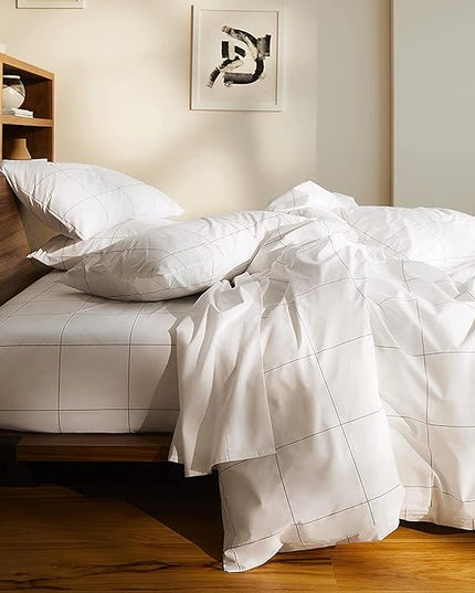 Brooklinen Luxury Sateen 4 Piece Sheet Set - 100% Cotton, California King Size in Window Pane - 1 Fitted Sheet, 1 Flat Sheet, 2 Pillowcases | Best Luxury Sheets - LeafyLoom