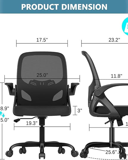 Office Desk Chair with Lumbar Support Ergonomic Mesh Office Chair with Wheels and Flip-up Armrests Adjustable Height Swivel Computer Chair for Home and Office (Black) - LeafyLoom