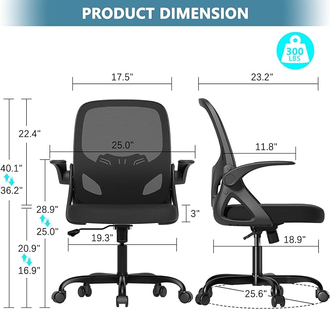Office Desk Chair with Lumbar Support Ergonomic Mesh Office Chair with Wheels and Flip-up Armrests Adjustable Height Swivel Computer Chair for Home and Office (Black) - LeafyLoom
