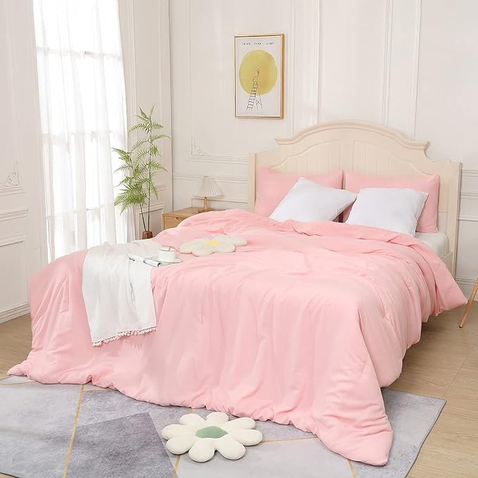 Pink Comforter King Size, Aesthetic Modern Bedding Set for Girls/Women, Cute Soft & Lightweight Chic Microfiber Bed Sets, 3 pcs-1 Comforter & 2 Pillowcases (104x90 Inches) - LeafyLoom