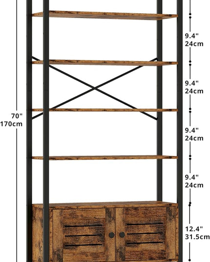 IRONCK Bookshelf and Bookcase with Adjustable 5 Shelves, 70" H x 31.5" W Wide Bookshelves with Door and Wheels, Vintage Brown - LeafyLoom