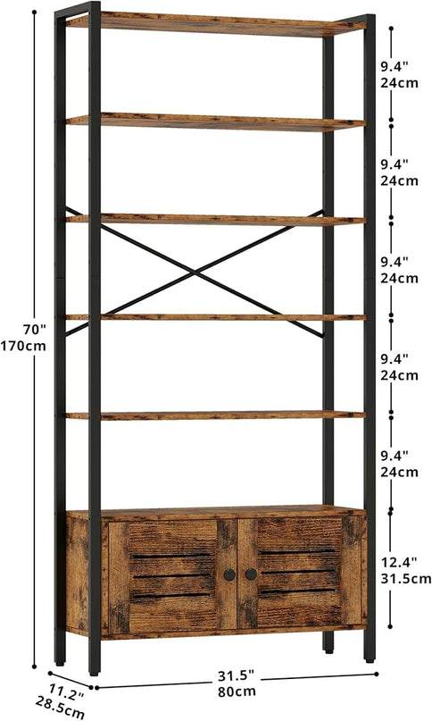 IRONCK Bookshelf and Bookcase with Adjustable 5 Shelves, 70" H x 31.5" W Wide Bookshelves with Door and Wheels, Vintage Brown - LeafyLoom