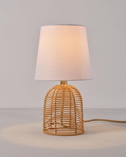 Globe Electric 61000047 14" Table Lamp, Rattan Base, White Linen Shade, On/Off Rotary Switch on Socket, Table Lamp for Living Room, Home Décor, Lamps for Bedroom, Home Improvements, Room Décor - LeafyLoom