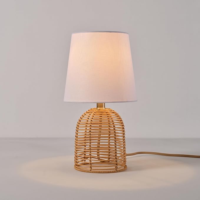 Globe Electric 61000047 14" Table Lamp, Rattan Base, White Linen Shade, On/Off Rotary Switch on Socket, Table Lamp for Living Room, Home Décor, Lamps for Bedroom, Home Improvements, Room Décor - LeafyLoom