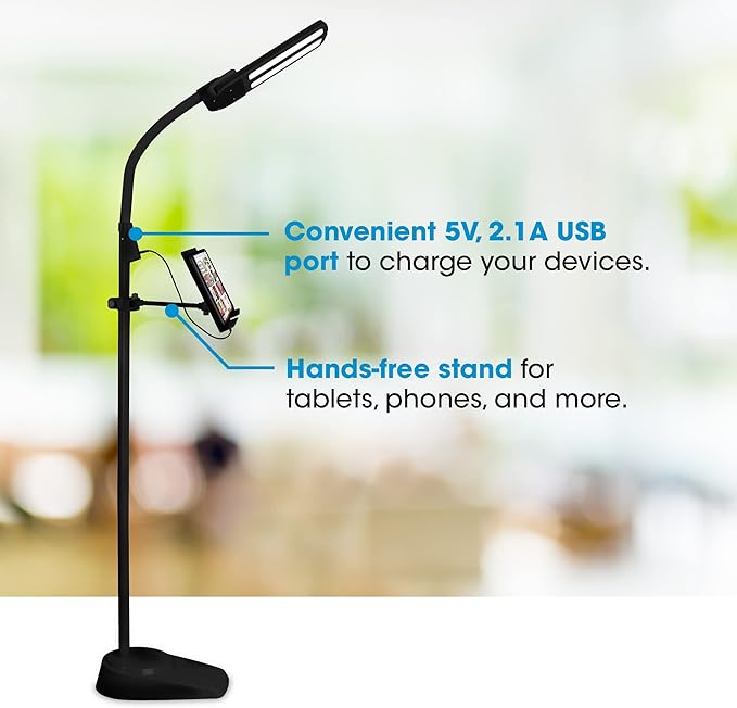 OttLite Dual Shade LED Standing Floor Lamp with Adjustable Stand - Wide Range of Illumination with Built-in 2.1A USB Charging Port and Flexible Neck - 4 Brightness Settings for Reading & Studying - LeafyLoom