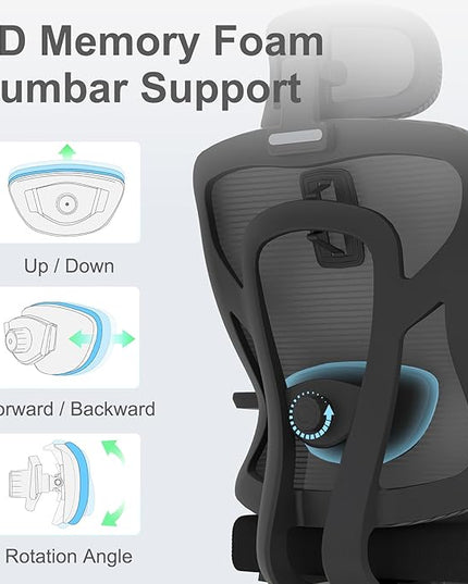Ergonomic Mesh Office Chair, High Back Desk Chair with 3D Armrests, Adaptive Thoracic Support, 3D lumbar support & Adjustable Headrest, Home Swivel Computer Chair with Tilt Function - LeafyLoom