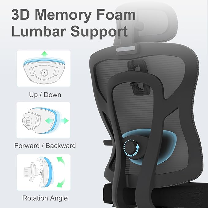 Ergonomic Mesh Office Chair, High Back Desk Chair with 3D Armrests, Adaptive Thoracic Support, 3D lumbar support & Adjustable Headrest, Home Swivel Computer Chair with Tilt Function - LeafyLoom
