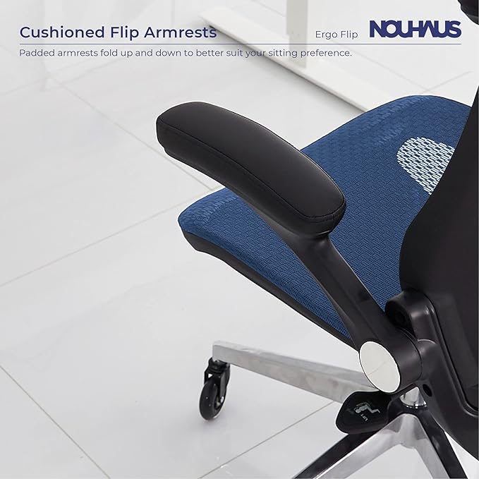 Nouhaus ErgoFlip Ergonomic Office Chair - Mesh Office Chair with Adjustable Headrest, Lumbar Support & Blade Wheels - Executive Swivel Desk Chair, Gaming Chair for Comfort and Durability (Blue) - LeafyLoom