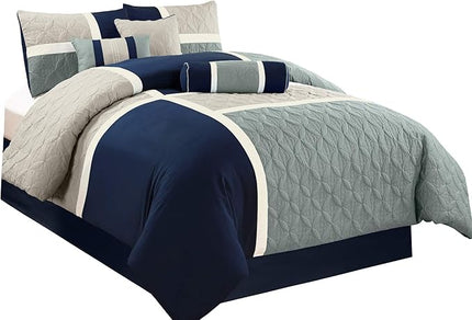 Chezmoi Collection Upland 7-Piece Quilted Patchwork Comforter Set, Navy/Blue/Gray, California King - LeafyLoom