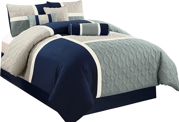 Chezmoi Collection Upland 7-Piece Quilted Patchwork Comforter Set, Navy/Blue/Gray, California King - LeafyLoom
