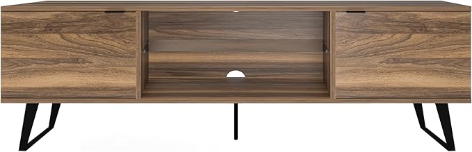 Atelier Mobili Mid Century Modern TV Stand Farmhouse TV Stand Entertainment Center for Living Room | Walnut TV Stand with Glass Shelf | Fits 80 Inch TV | Soft Closing Hinges | Storage for Bedroom - LeafyLoom