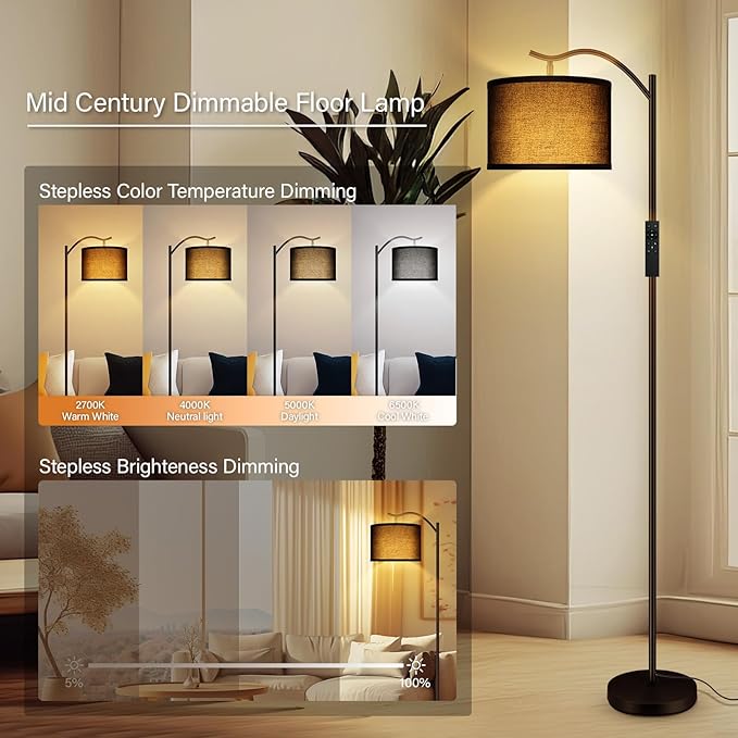 BoostArea Floor Lamp for Living Room,Arc Floor Lamp with Remote Control,Stepless Dimmable Brightness & Colors Temperature 2700k-6500k,Modern Standing Lamp for Bedroom Study Room Office,Black - LeafyLoom