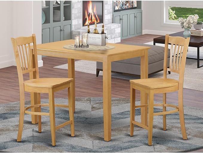 East West Furniture YAGR3-OAK-W 3 Piece Kitchen Counter Height Dining Table Set Contains a Rectangle Pub Table and 2 Dining Room Chairs, 30x48 Inch, Oak - LeafyLoom