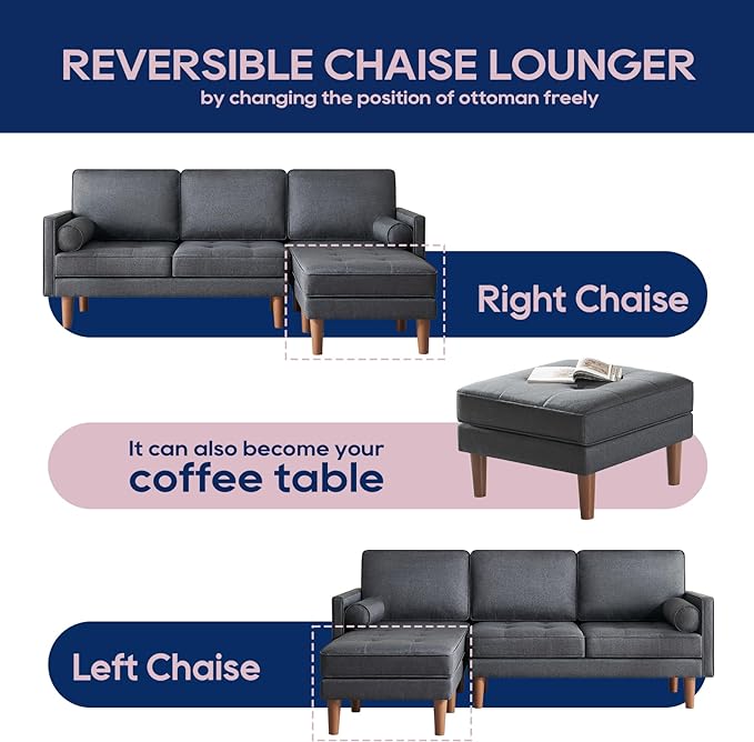 Vonanda Sectional Couch L Shaped Couch, Convertible Sectional Sofa with Reversible Chaise and Tufted Seat, Fabric Small Couch for Apartment and Small Living Space, Dark Grey - LeafyLoom