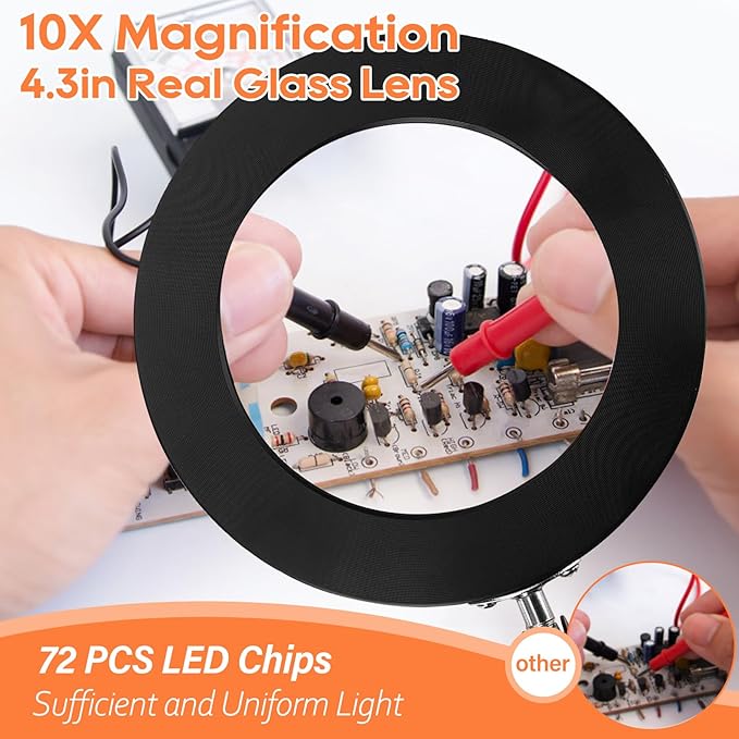 10X Magnifying Glass with Light, Adjustable Swing Arm 72 LEDs Real Glass Lens Magnifier Light,3 Color Modes 10 Stepless Dimmable,Perfect for Daily Reading,Hobbies, Crafts - LeafyLoom