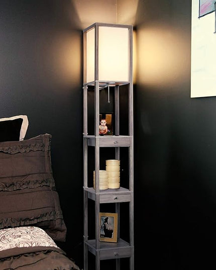 Brightech Maxwell Drawer Edition - Modern Shelf Floor Lamp with Drawer - Corner Display Floor Lamps with Shelves for Living Room, Bedroom and Office - Rustic Wood - LeafyLoom