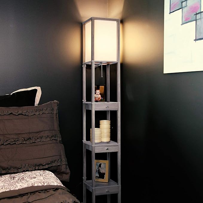 Brightech Maxwell Drawer Edition - Modern Shelf Floor Lamp with Drawer - Corner Display Floor Lamps with Shelves for Living Room, Bedroom and Office - Rustic Wood - LeafyLoom