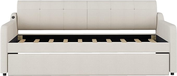 Frame Twin Size Upholstered Daybed USB Ports, Trundle Can Be Flat or Erected, Elegant Sofa Bed for Living Room Bedroom Guestroom, Easy to Assemble, Charging Design, Beige - LeafyLoom