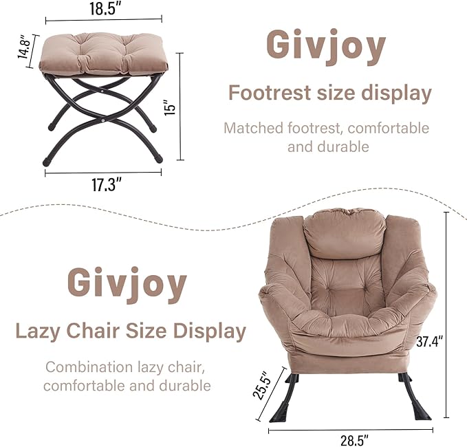 Lazy Chair and Ottoman, Large Accent Lounge Chair with Armrests and a Side Pocket, Modern Leisure Upholstered Sofa Reading Armchair with Footrest for Bedroom, Living Room, Dorm Rooms, Office - LeafyLoom