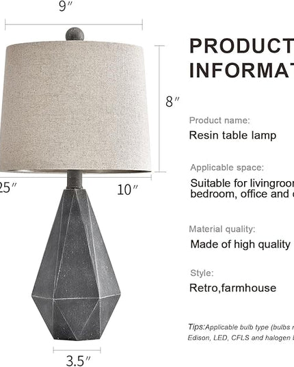 PoKat 20.25" Rustic Farmhouse Table Lamp Sets of 2 for Living Room Bedroom Deep Grey Contemporary Classic Bedside Nightstand Lamp with White Fabric Shade - LeafyLoom