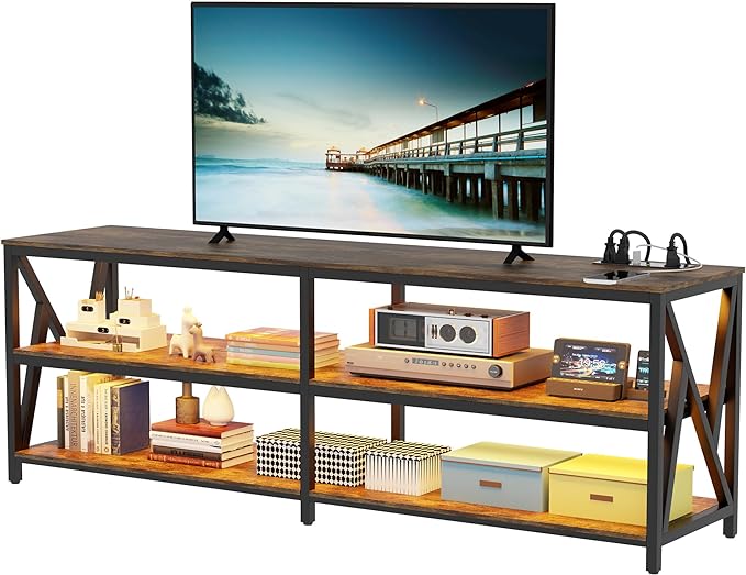 Lvifur LED TV Stand for 65 70 75 inch TV, Auto Sensor Entertainment Center with RGB Dimmable Lights, TV Console Table with Open Storage Shelves and Metal Frame (Rustic Brown) - LeafyLoom