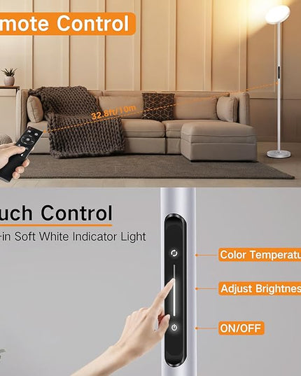 OUTON LED Torchiere Floor Lamp, 30W/3000LM Dimmable Super Bright Standing Lamp with Remote Touch Control, 4 Color Temperature, Memory Function for Living Room, Bedroom, Office (Cool Gray) - LeafyLoom