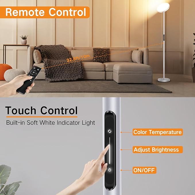OUTON LED Torchiere Floor Lamp, 30W/3000LM Dimmable Super Bright Standing Lamp with Remote Touch Control, 4 Color Temperature, Memory Function for Living Room, Bedroom, Office (Cool Gray) - LeafyLoom