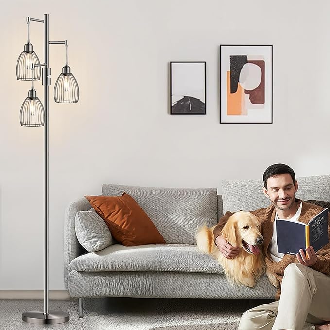 Dimmable Floor Lamp, Industrial Floor Lamps for Living Room, Brushed Nickel Tree Lamp Standing Lamp Tall Lamps with 3 Elegant Teardrop Cage Head & 800 Lumens LED Bulbs for Living Room Bedroom Office - LeafyLoom