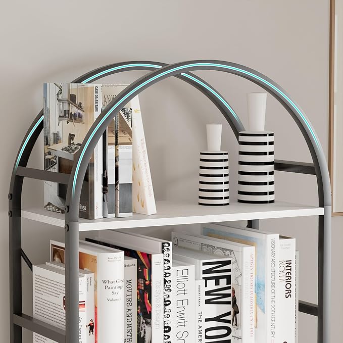 5-Tier Bookshelf, 24 Inch Width Industrial Arched Bookcase, Vintage Storage Rack with Open Shelves, Free Standing Shelf for Home Office, Living Room,Bedroom, Black & White - LeafyLoom