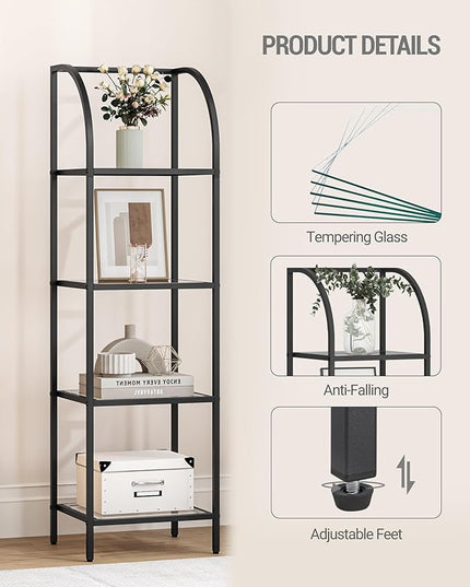 Bookcase Bookshelf, Tempered Glass Arched Bookshelf for More Storage, Slim Shelving Unit for Bedroom, Bathroom, Home Office, Steel Frame, 4 Tier Black BC20499B - LeafyLoom