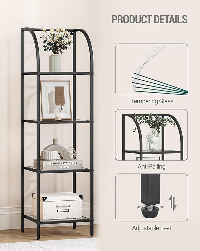 Bookcase Bookshelf, Tempered Glass Arched Bookshelf for More Storage, Slim Shelving Unit for Bedroom, Bathroom, Home Office, Steel Frame, 4 Tier Black BC20499B - LeafyLoom