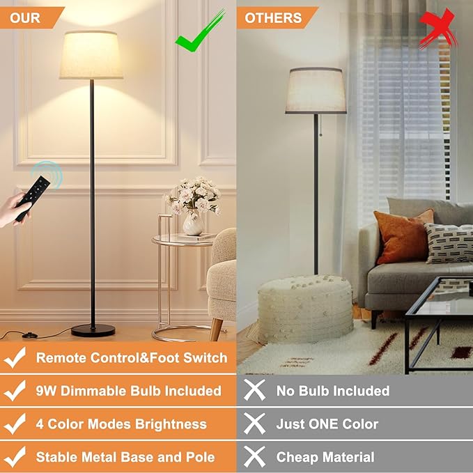 【Upgraded】 Floor Lamps for Living Room, Modern Floor Lamp with Remote Control, Dimmable Colors Temperature Standing Lamp Foot Switch, 9W LED Bulb Tall Lamps for Bedroom Office Kid Room - LeafyLoom