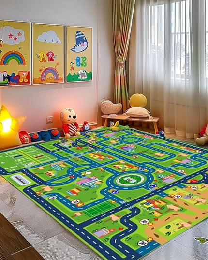 Car Rug Play Mat,Road Rug Kid Play Mat,Playroom Toy Car Mat, Kids Carpet City Map for Bedroom Classroom,Extra Large Thick (59X39.4 Inch) - LeafyLoom