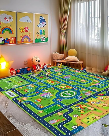 Car Rug Play Mat,Road Rug Kid Play Mat,Playroom Toy Car Mat, Kids Carpet City Map for Bedroom Classroom,Extra Large Thick (110X78.7 Inch) - LeafyLoom