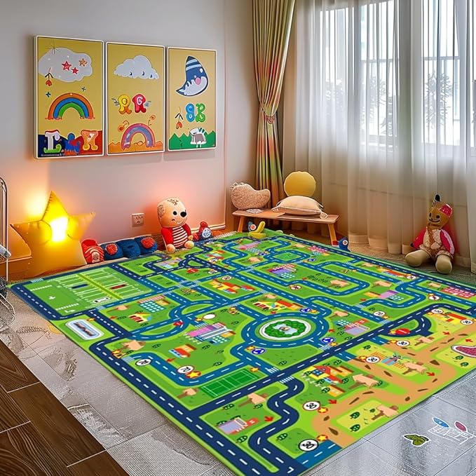 Car Rug Play Mat,Road Rug Kid Play Mat,Playroom Toy Car Mat, Kids Carpet City Map for Bedroom Classroom,Extra Large Thick (78.7X59 Inch) - LeafyLoom