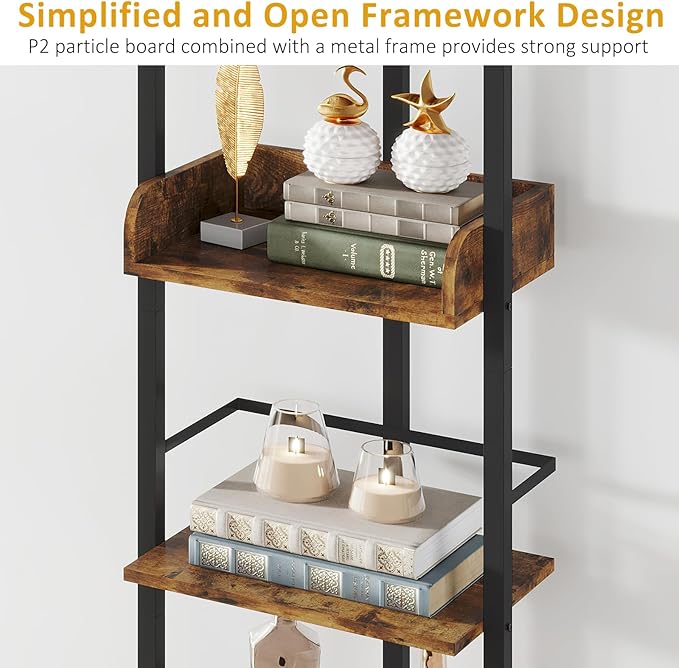 Bookshelf 5-Tier Book shelf - Narrow Wood Bookcase Tall Corner Book Shelves Storage Organizer Display Book Rack for Living Room Bedroom Office Home (Rustic Brown) - LeafyLoom