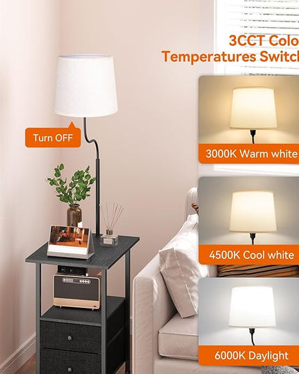addlon Floor Lamp with Side Table, Nightstand with Charging Station, 3 Color Temperatures 9W LED Bulb, Floor Lamps for Living Room, Bedroom, Storage End Tables Living Room - Black - LeafyLoom