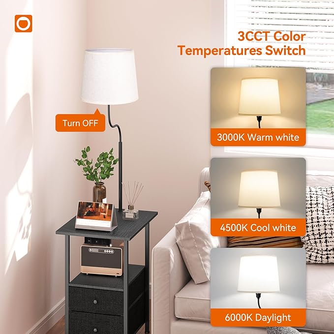 addlon Floor Lamp with Side Table, Nightstand with Charging Station, 3 Color Temperatures 9W LED Bulb, Floor Lamps for Living Room, Bedroom, Storage End Tables Living Room - Black - LeafyLoom