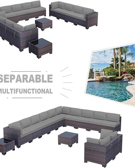 Kullavik 14PCS Outdoor Patio Furniture Set PE Wicker Rattan Sectional Sofa Patio Conversation Sets,Grey - LeafyLoom