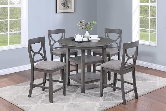 NicBex Round Dining Table Set for 4 Kitchen Table Set Counter Height Dining Table with Storage Shelve 4X Chairs Padded Seat Unique Design Back 5Pc Dining Set, Gray - LeafyLoom