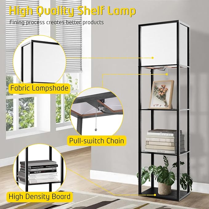 Wide Floor Lamp with Shelves for Living Room Bedroom Office, 4-Tier 2700 4000K 5000K Color Selectable Modern Shelf Floor Lamp with 15W LED Bulb Black. - LeafyLoom