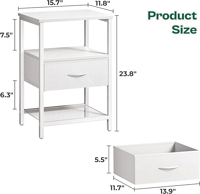 Nightstand Set of 2, Night Stand with Fabric Drawer, Mesh Shelf, Side Table with Storage, Fabric Drawer Dresser, Open Shelf, Metal Frame, Bedroom, White - LeafyLoom