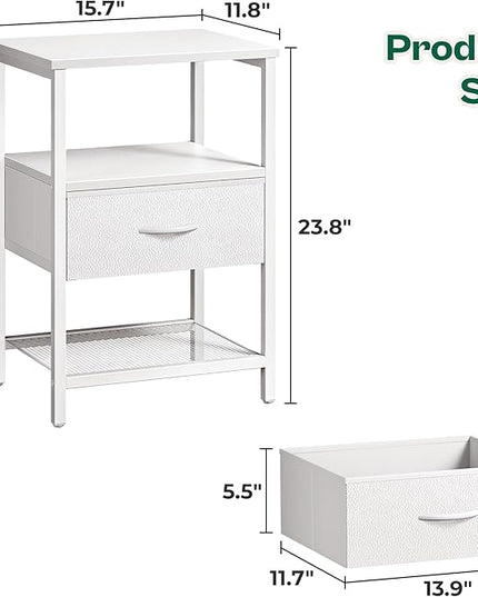 Night Stand with Fabric Drawer, Side Table with Mesh Shelf, Bedroom Nightstand, Fabric Drawer Dresser, Open Shelf, Metal Frame, Couch Side, White - LeafyLoom