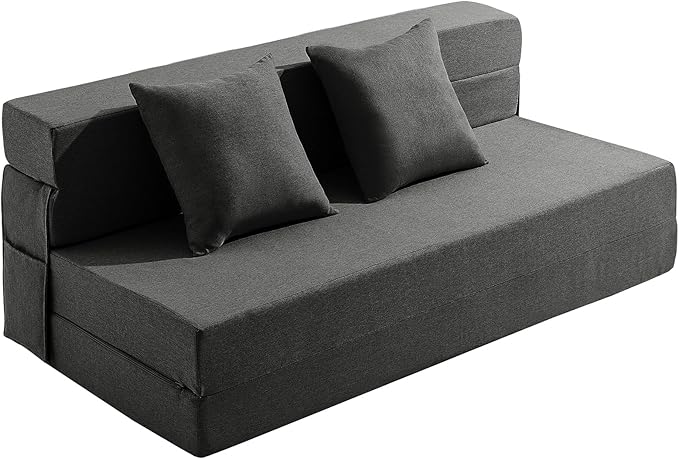 Queen Size Folding Sofa Bed - 4 in 1 Sleeper Chair with Two Pillows - High Density Memory Foam Futon Couch - Convertible Folding Bed with Washable Modern Linen Cover for Apartment (Dark Grey) - LeafyLoom