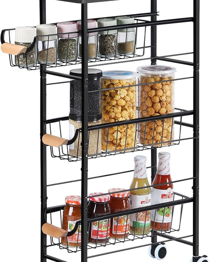 Slim Storage Cart, 4-Tier Narrow Rolling Cart，with Pull-Out Iron Basket, Sturdy Slim Storage Cabinet Iron and Wood Combination，Ideal for Kitchen, Bathroom, and Laundry Room, Black - LeafyLoom