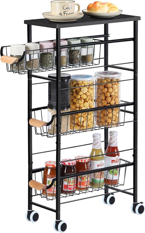 Slim Storage Cart, 4-Tier Narrow Rolling Cart，with Pull-Out Iron Basket, Sturdy Slim Storage Cabinet Iron and Wood Combination，Ideal for Kitchen, Bathroom, and Laundry Room, Black - LeafyLoom
