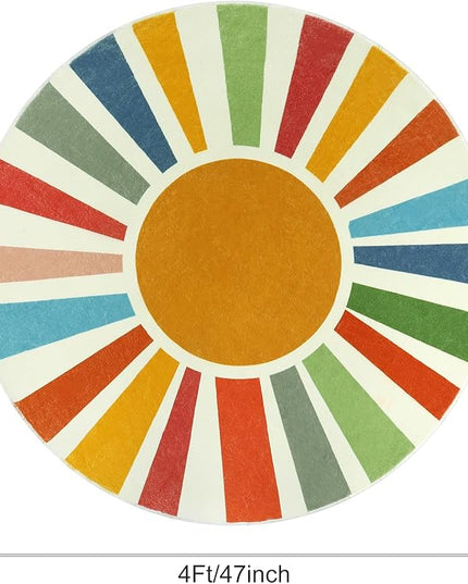 Small Round Rug 4 Ft Washable Round Rug for Kids Room, Colorful Sun Circle Rug for Playroom, Non-Slip Circular Office Carpet Soft Rainbow Rug for Bedroom Reading Corner Dorm - LeafyLoom