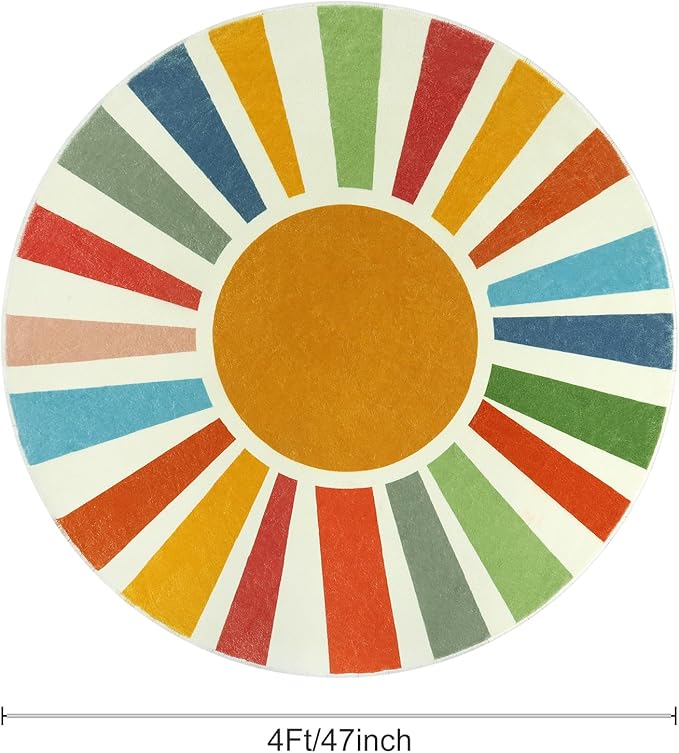 Small Round Rug 4 Ft Washable Round Rug for Kids Room, Colorful Sun Circle Rug for Playroom, Non-Slip Circular Office Carpet Soft Rainbow Rug for Bedroom Reading Corner Dorm - LeafyLoom