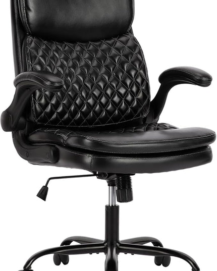 COLAMY Home Office Chair 275LBS Executive Leather OfficeChair with Padded Flip-up Arms, Adjustable Height and Tilt Lock, Tufted Black - LeafyLoom
