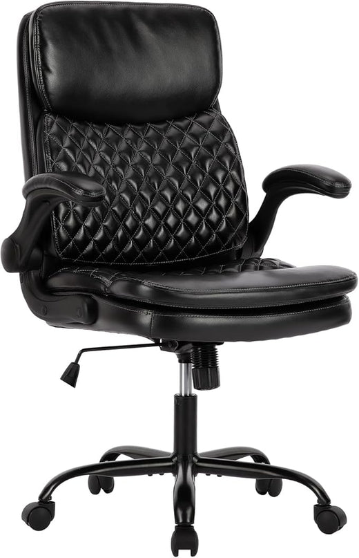 COLAMY Home Office Chair 275LBS Executive Leather OfficeChair with Padded Flip-up Arms, Adjustable Height and Tilt Lock, Tufted Black - LeafyLoom